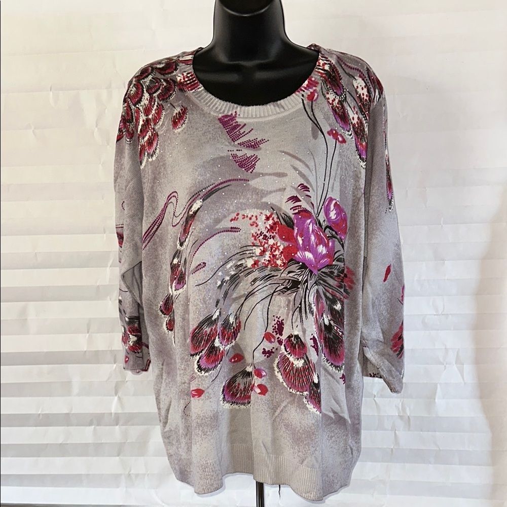 CD Daniels Women’s Pullover Sweater 2X Floral Pattern Crystal Accents Plus Size